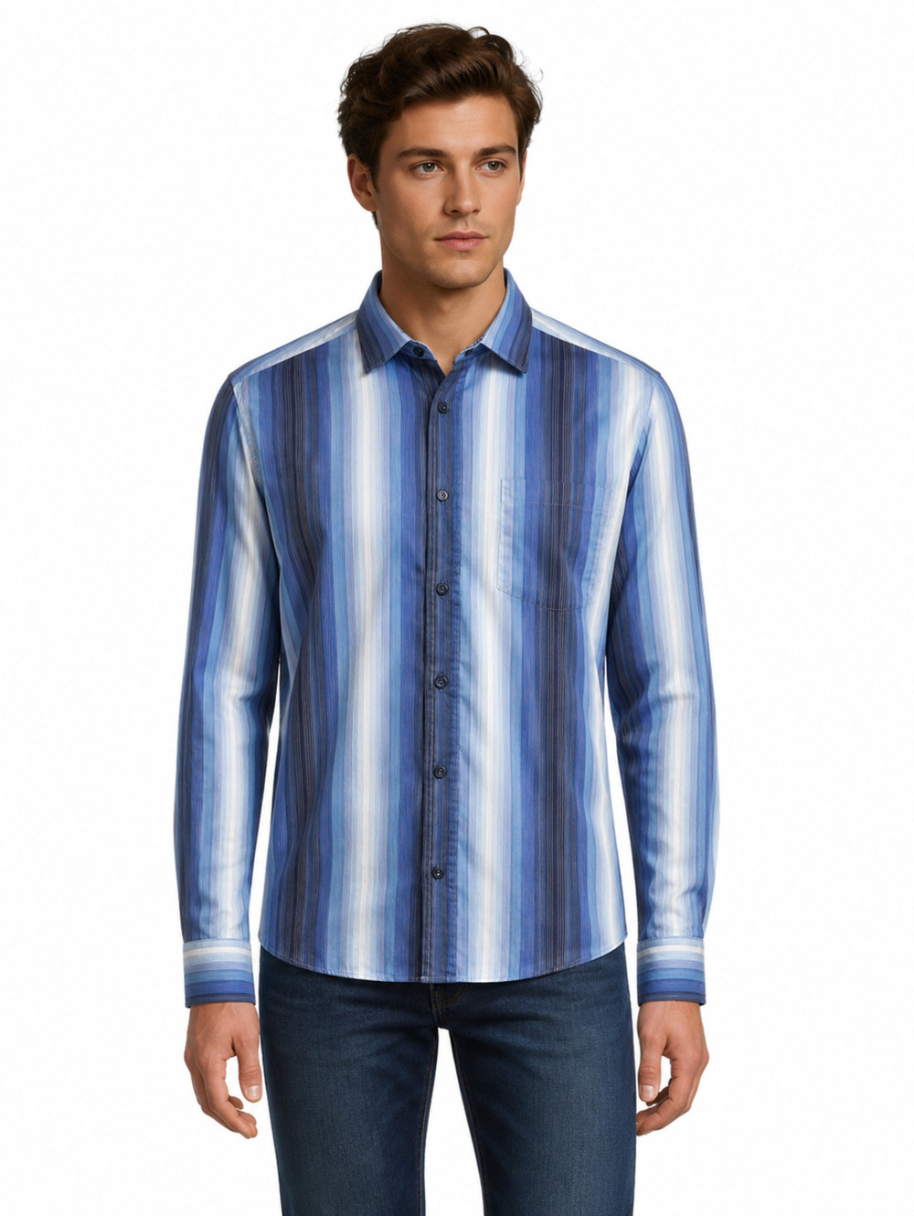 Bugatchi Uomo Men's Blue Striped Shaped Fit Long Sleeve Button Down Shirt - L